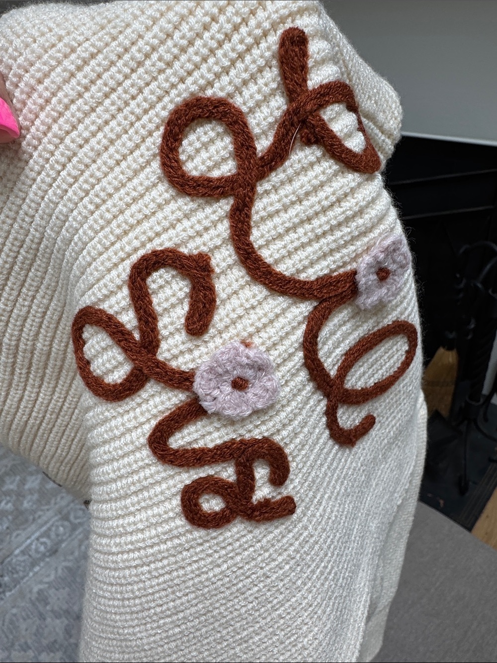 Cream Knit Sweater with Red/Brown Script and Floral Detail - Picture 5 of 5